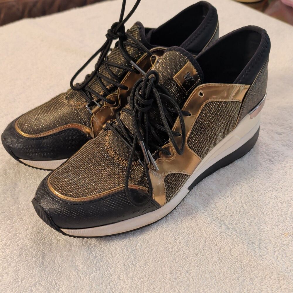 MK Logo Michael Kors 10 Wedge Heel Trainer Sneakers Black & Bronze Shoes